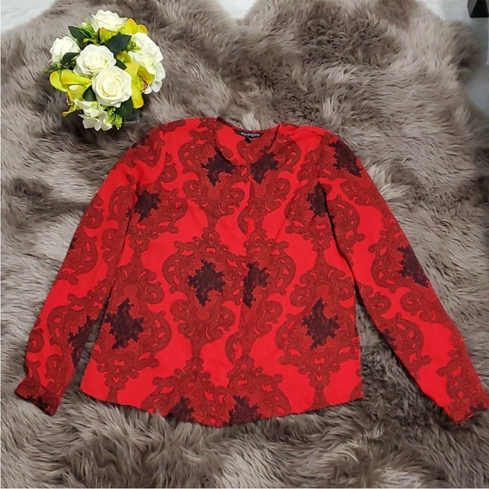 Red Black Damask Pattern Long Sleeves Blouse Eva Longoria XXS